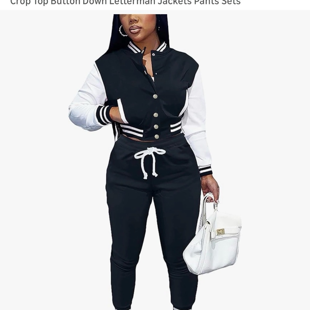 Black & White Cropped Letterman Jacket Jogger Set